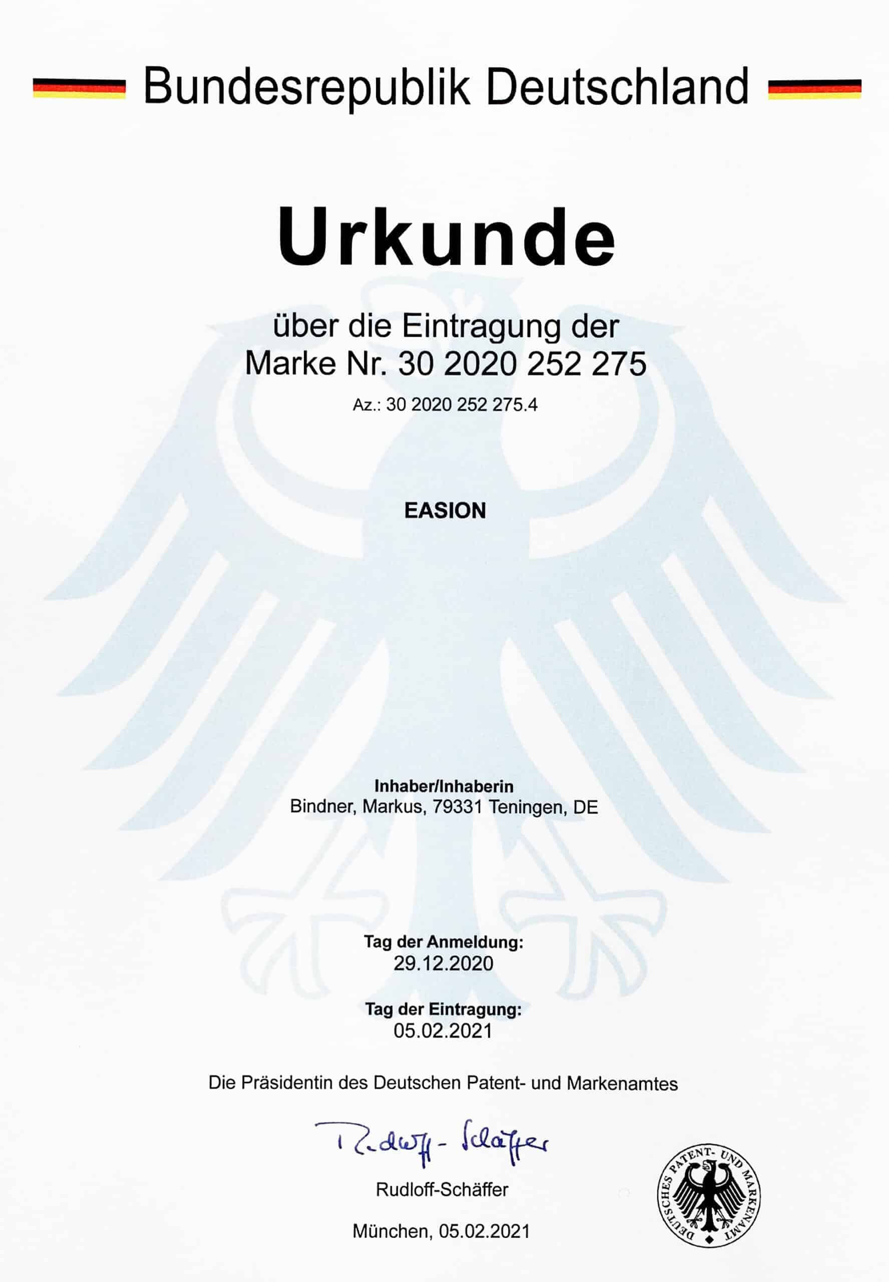 Easion Marke Eintragung